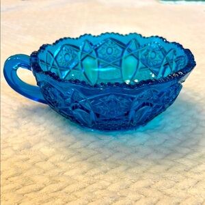 Vintage L E Smith Heritage Aqua Blue Glass Nappy Dish Bowl 60s